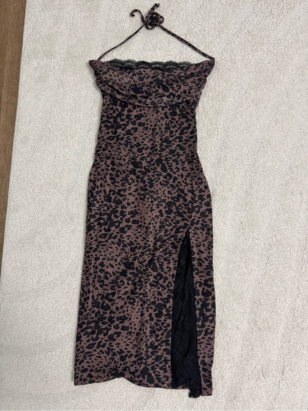 Halter Leopard Midi Dress with Lace Trim - Brown/Black